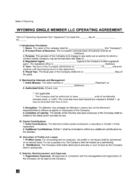 Wyoming Single Member LLC Operating Agreement Form