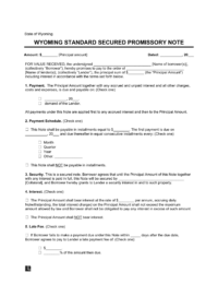 Wyoming Standard Secured Promissory Note Template
