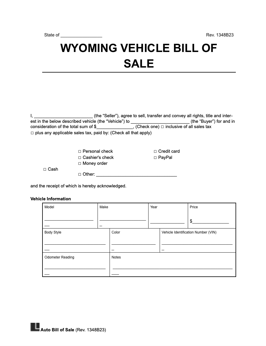 Wyoming vehicle bill of sale
