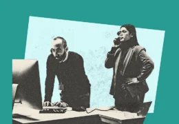A man on the computer and a woman on a cellphone, both wondering if they should break an NDA to report a crime