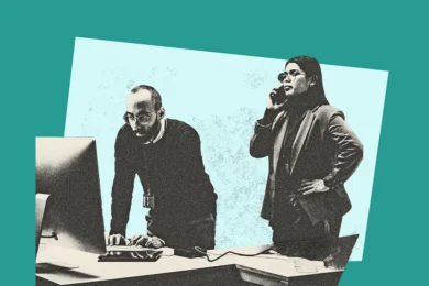 A man on the computer and a woman on a cellphone, both wondering if they should break an NDA to report a crime