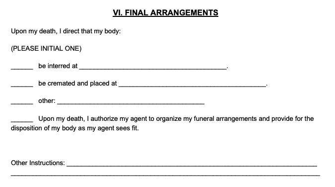 Advance directive form final arrangements section
