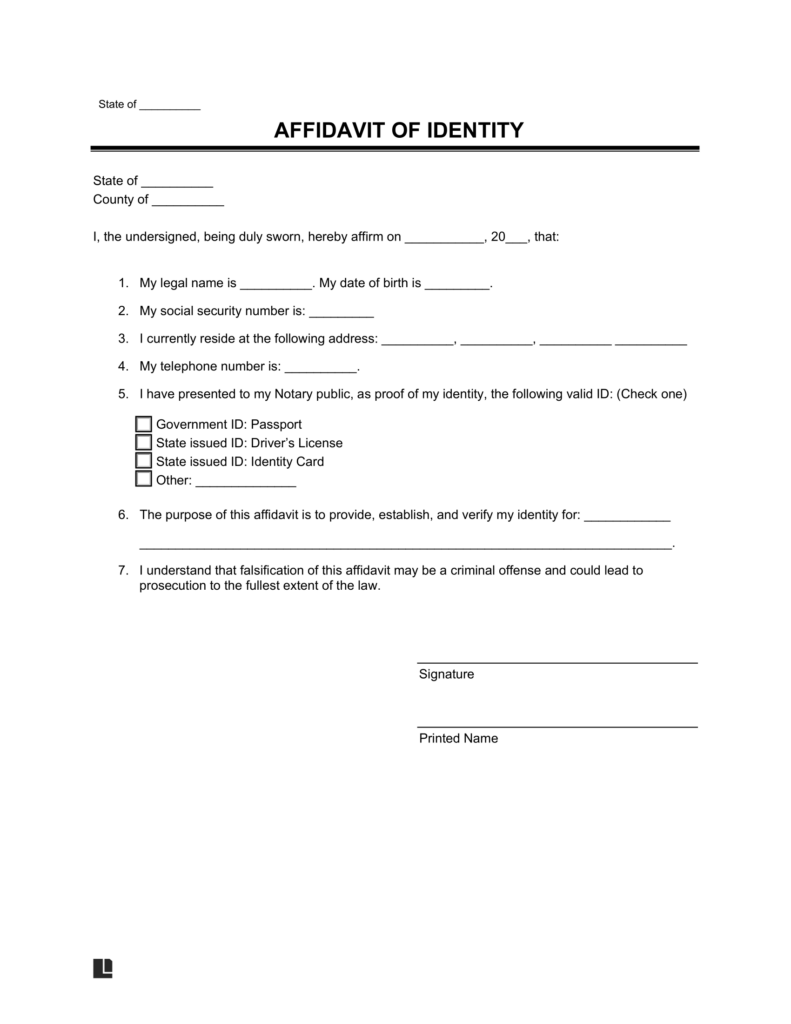 affidavit o identity template