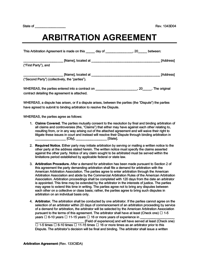 arbitration agreement sample