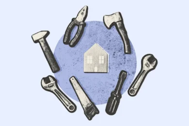 Hammer, pliers, hatchet, wrench, screwdriver, and a saw in a circle around an icon of a house
