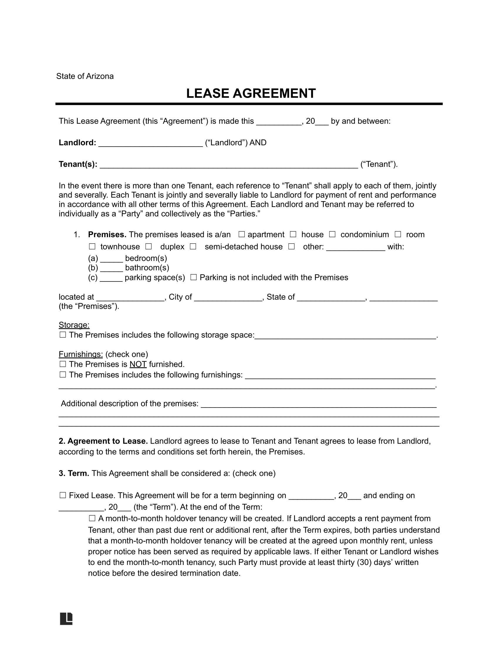 Arizona rental lease agreement template