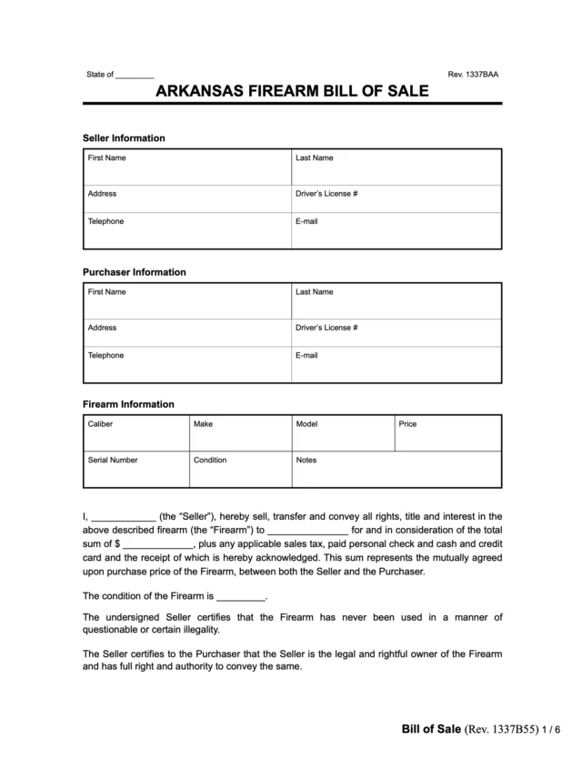 arkansas firearm bill of sale