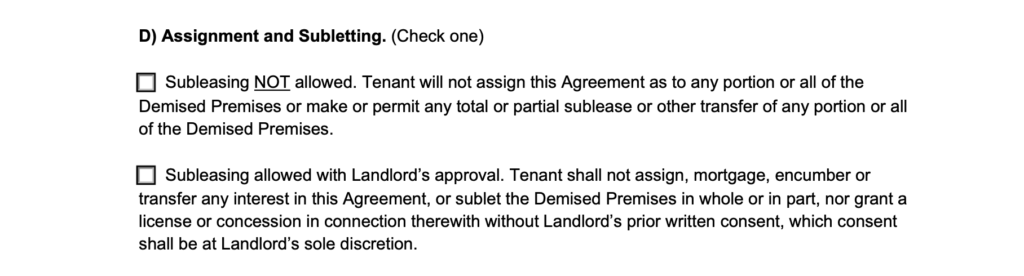 assignment and subletting section in a commercial lease agreement