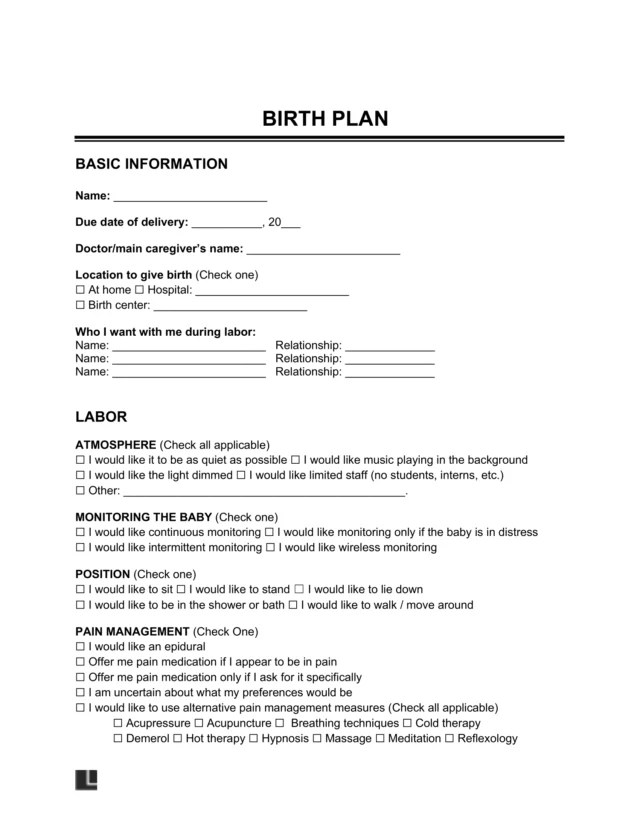 Sample of a birth plan template for expecting mothers