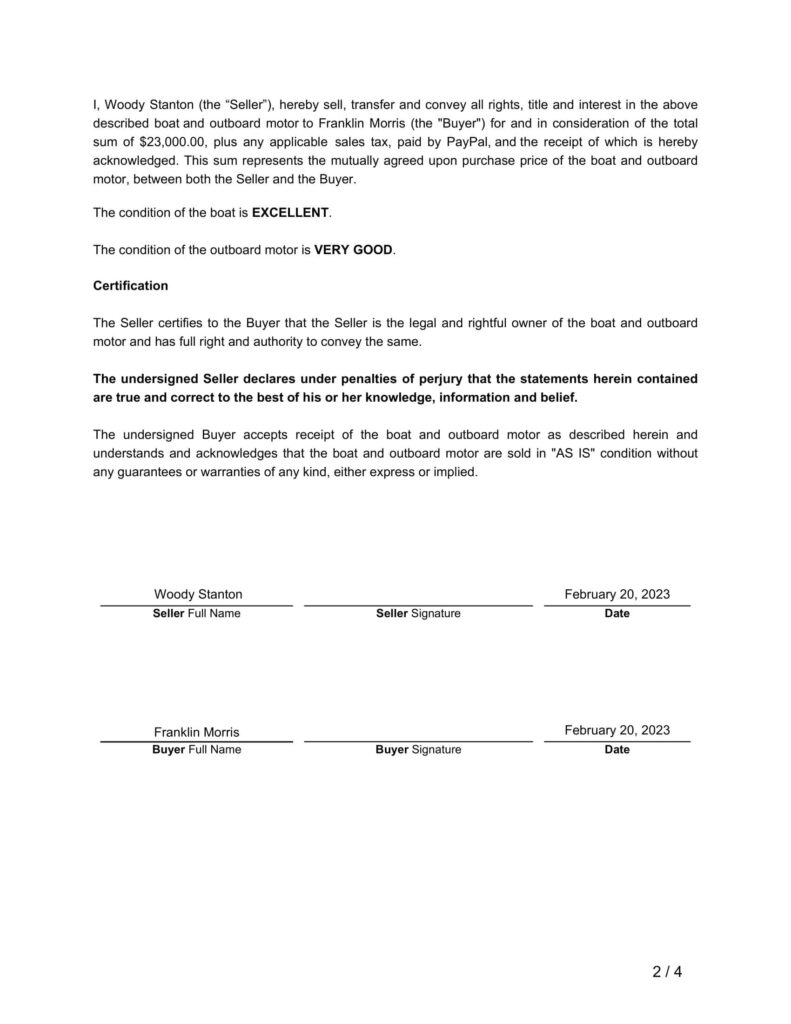 boat bill of sale form example part