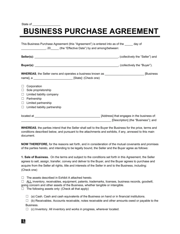 business purchase agreement template