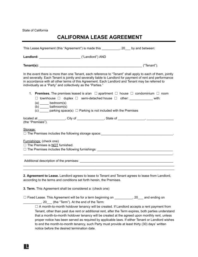 california rental lease agreement template