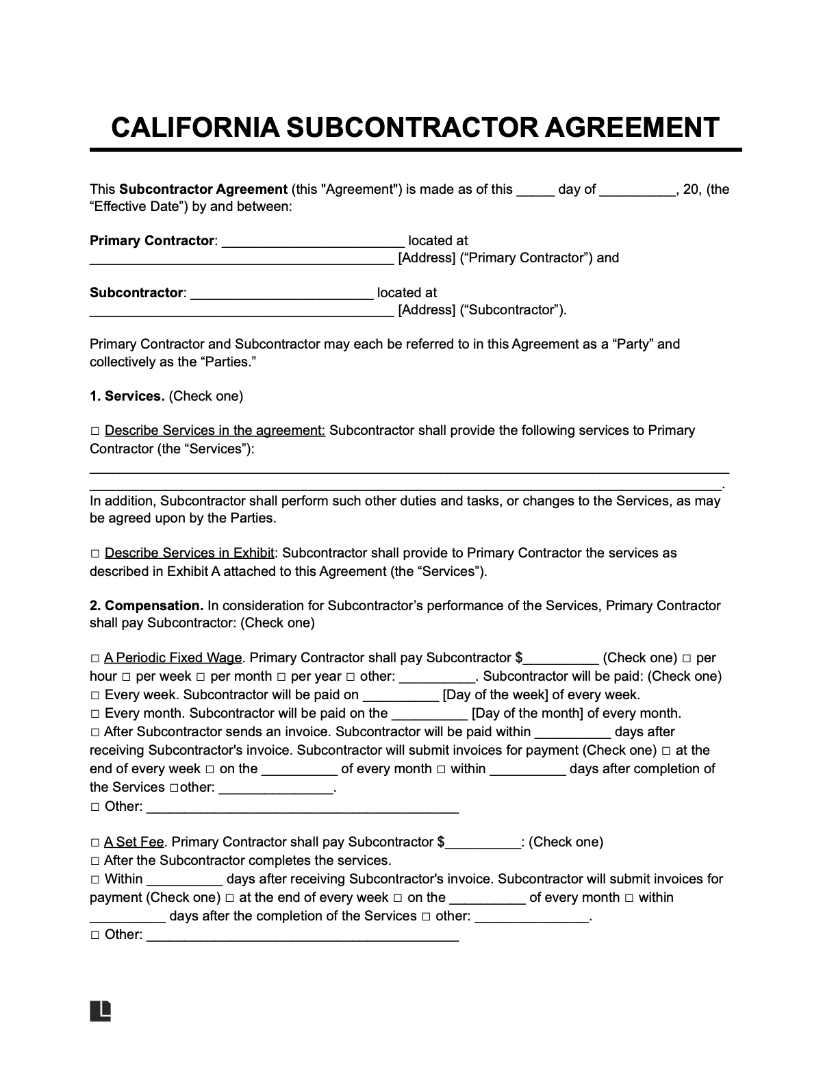 california subcontractor agreement template