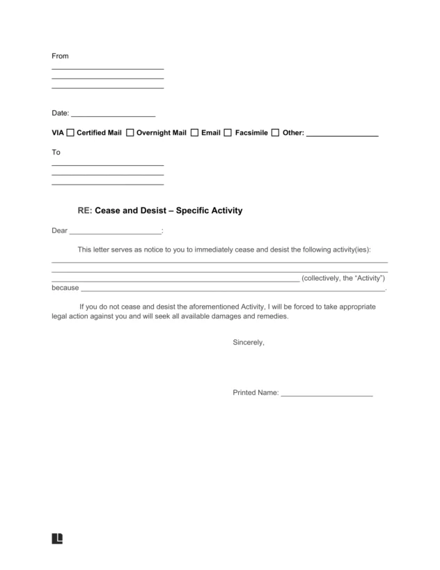 Sample of a cease and desist letter template