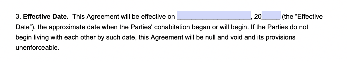An example of where to include the effective date in a cohabitation agreement