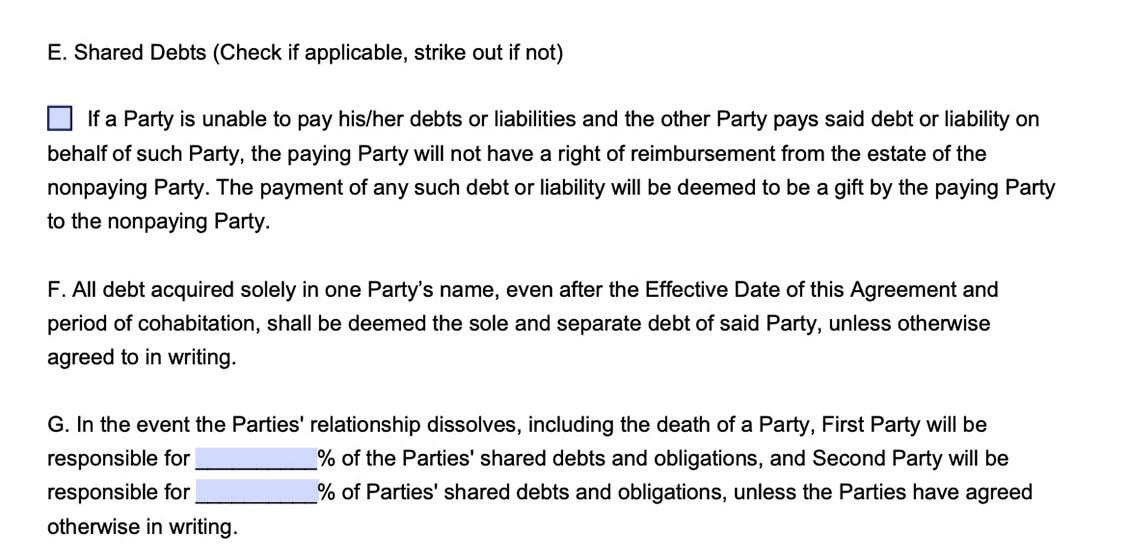 An example of where to include information about debts in a cohabitation agreement (part two)