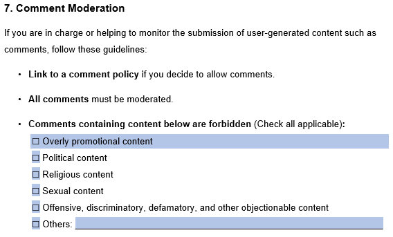 social media policy comment moderation