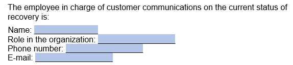 An example of where to include who will oversee customer communications in our business continuity plan template.