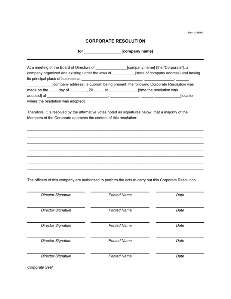 Free Corporate Resolution Template | PDF & Word