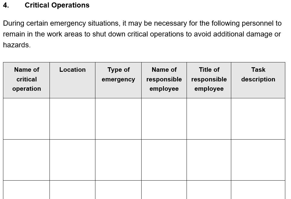 An example of where to include critical operation details in our emergency action plan template,
