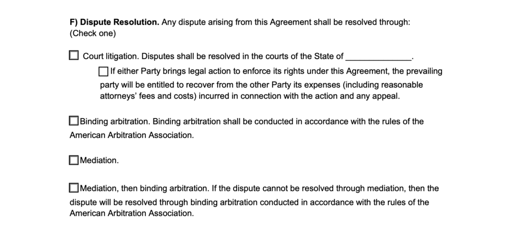 dispute resolution section in a commercial lease agreement
