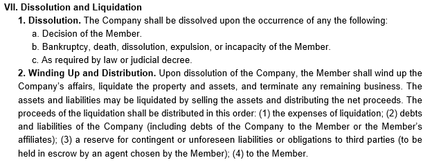 An example of where to outline dissolution details in our single-member LLC OA template.