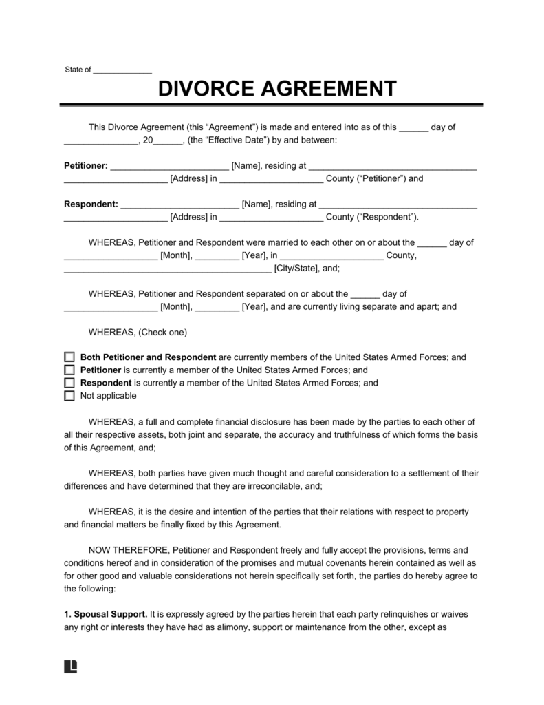 Divorce Agreement Template