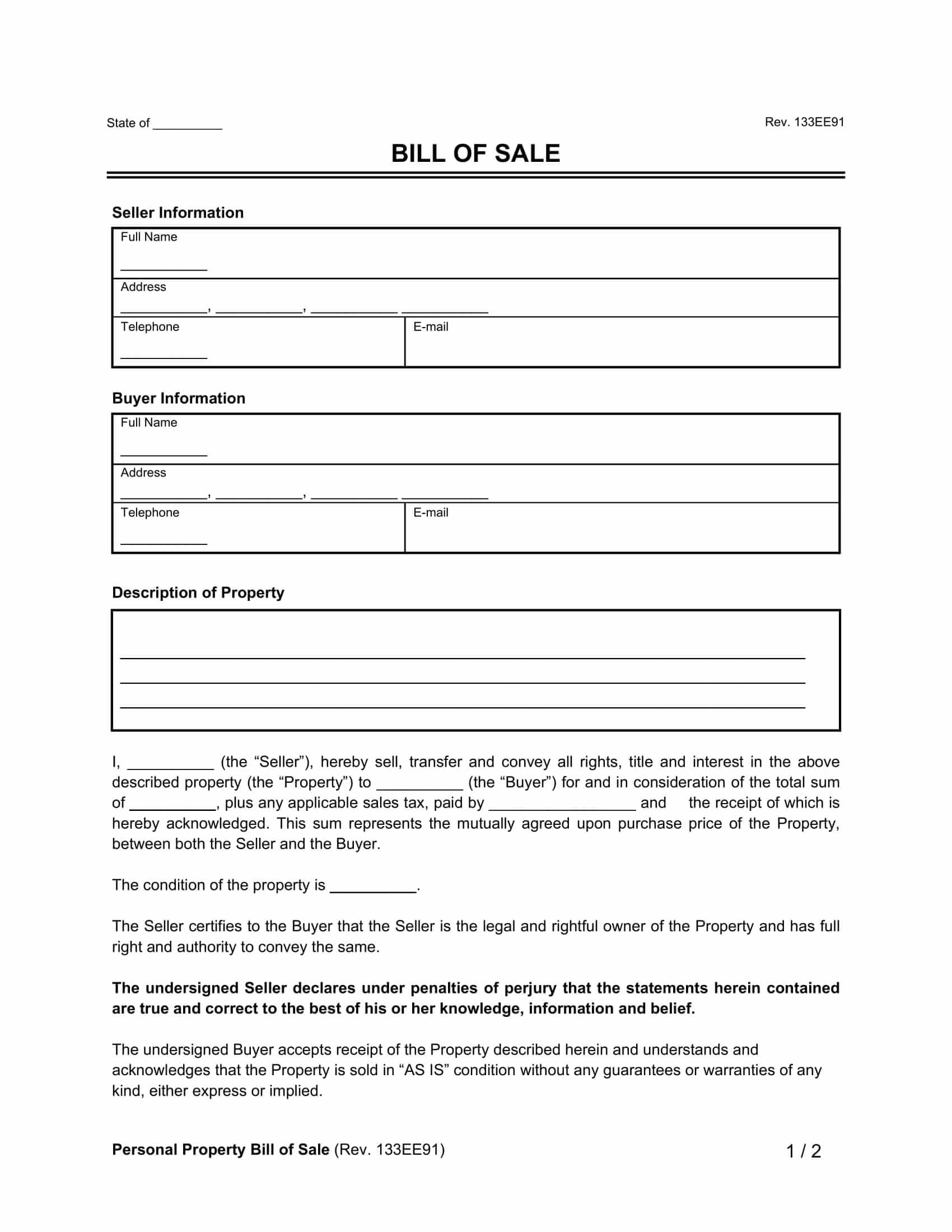 Bill of Sale Form Sample 2023