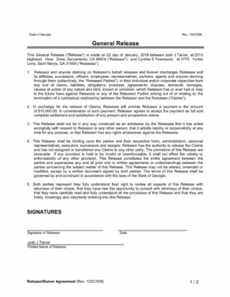 Release Waiver Agreement Template 2023