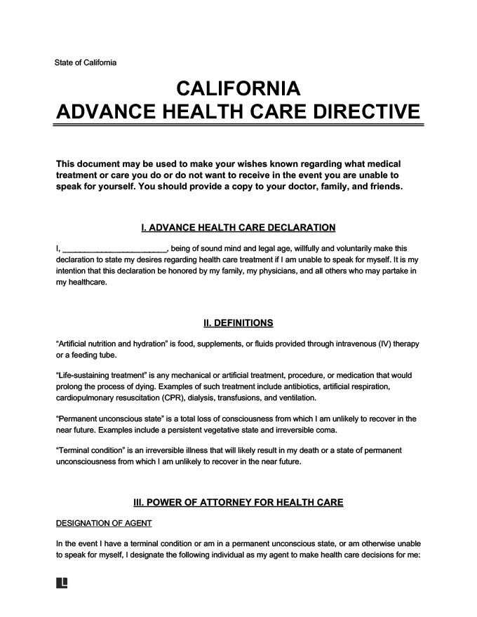 Free California Advance Directive Form PDF Word