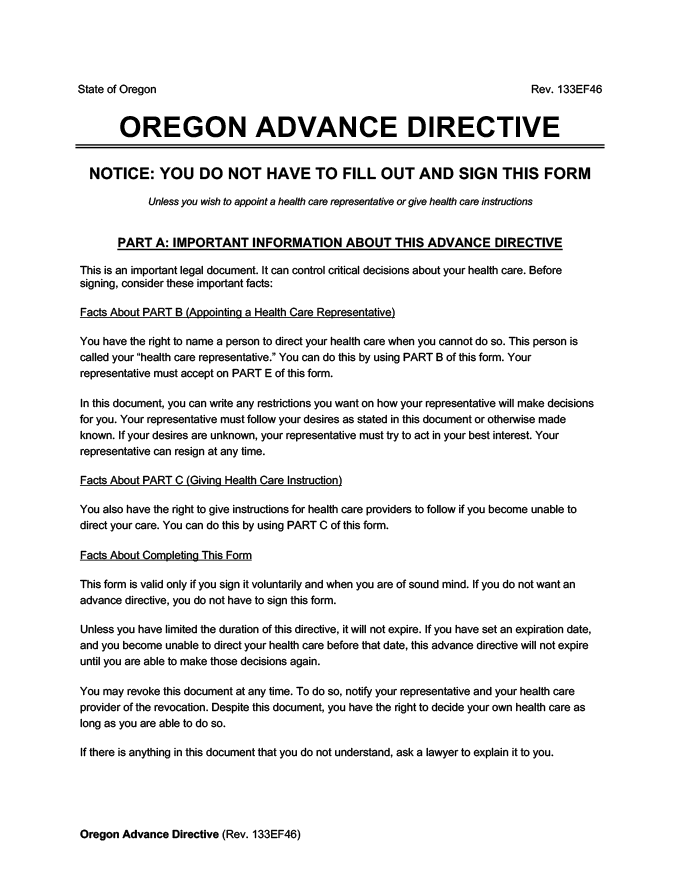 Oregon Advance Directive screenshot