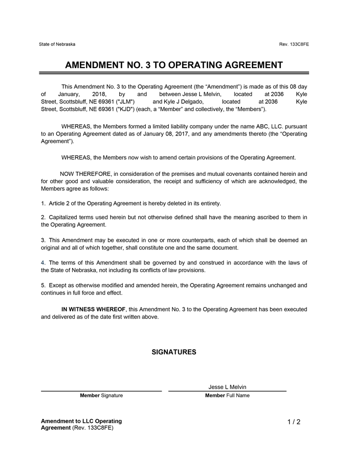 Amendment to LLC Operating Agreement Sample