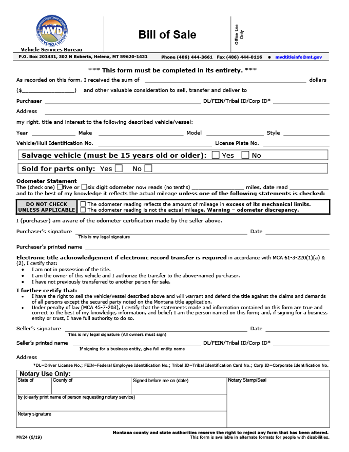Official Montana Vehicle Bill of Sale Form