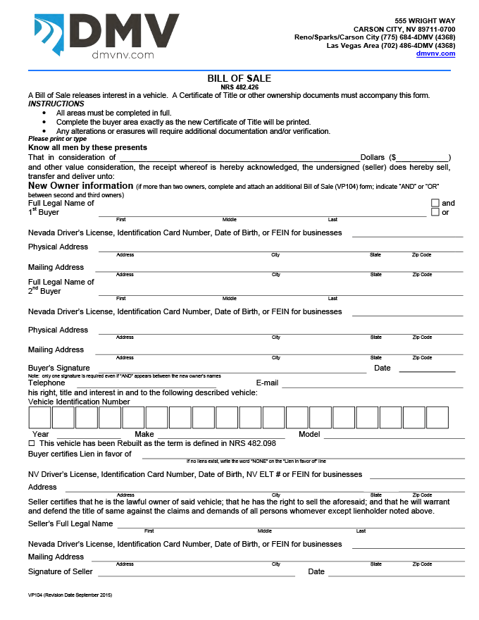 Official Nevada Vehicle Bill of Sale (form vp104)
