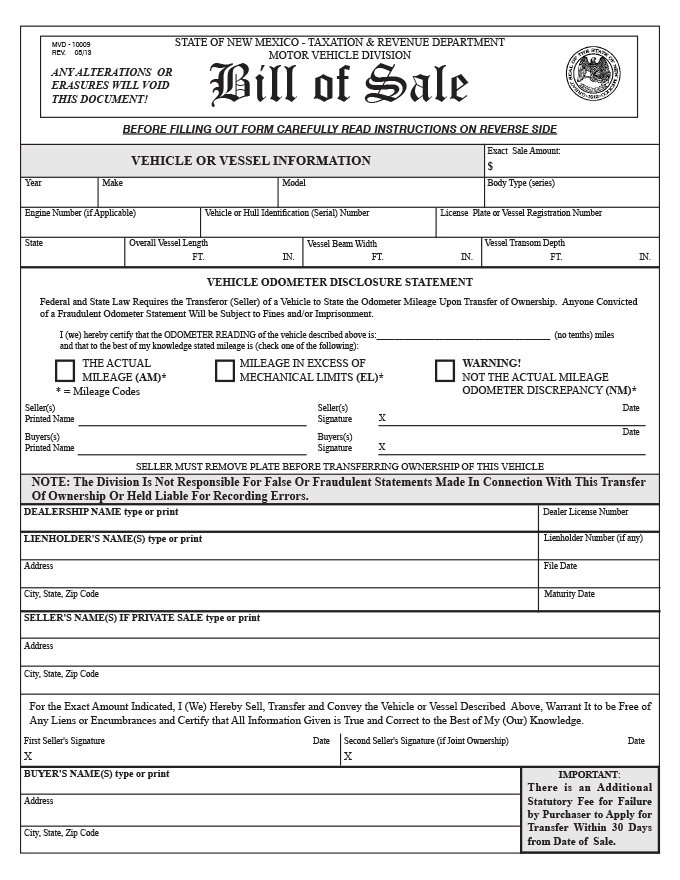 Free New Mexico Bill of Sale Form [PDF & Word]