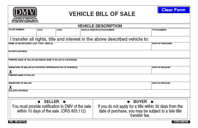Official Oregon Vehicle Bill of Sale