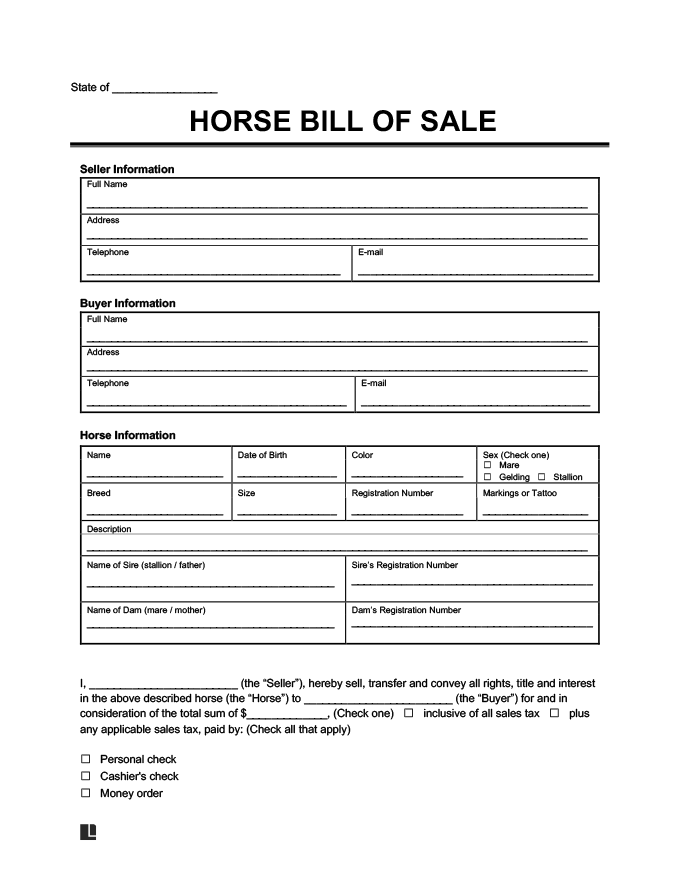 free horse bill of sale form pdf word legal templates