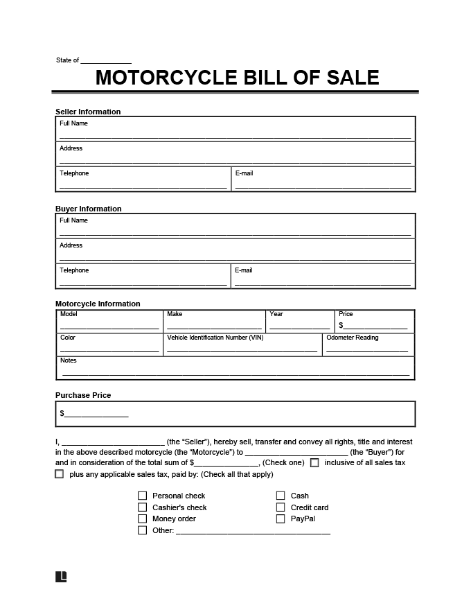 Free Motorcycle Bill Of Sale Form PDF Word