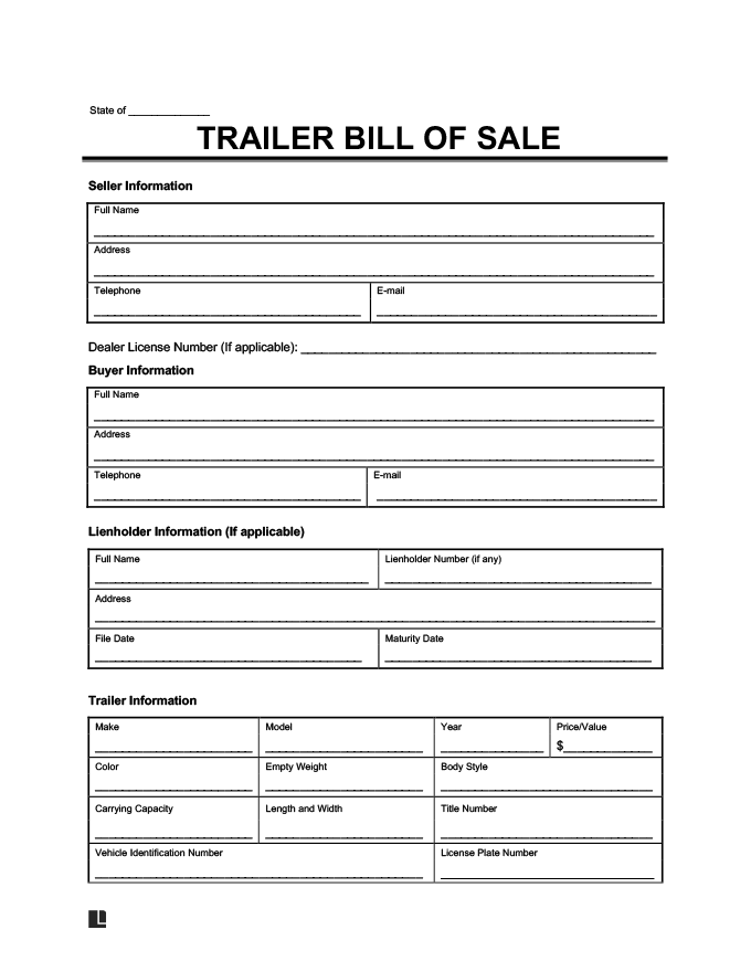 Trailer Bill of Sale Form Example