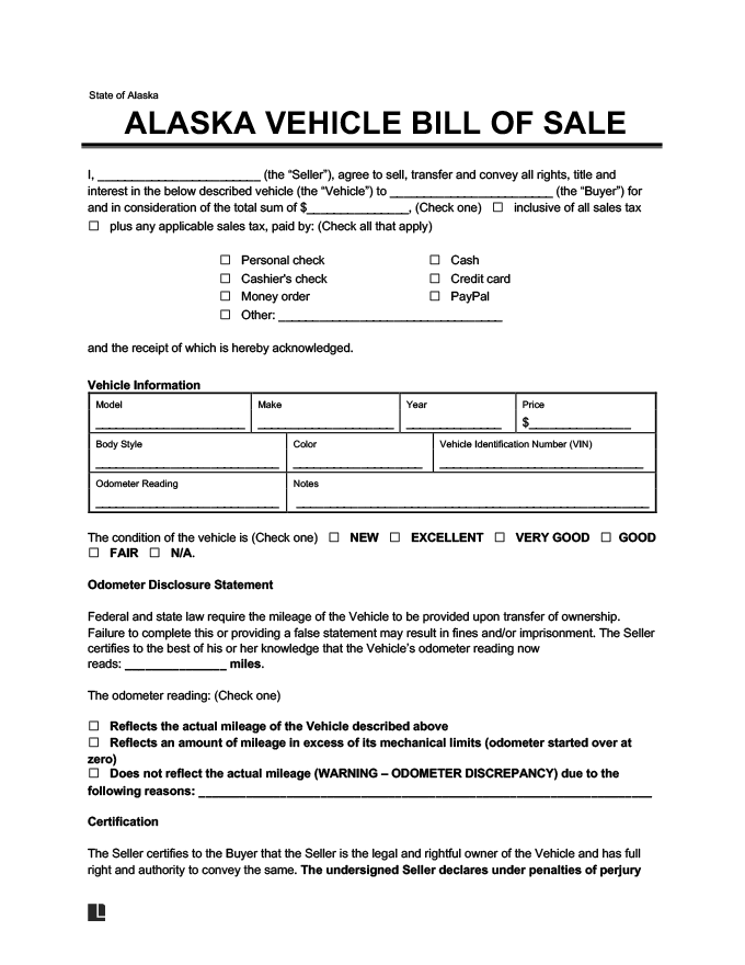 Alaska Vehicle Bill of Sale