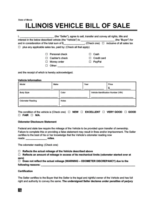 Illinois Vehicle Bill of Sale