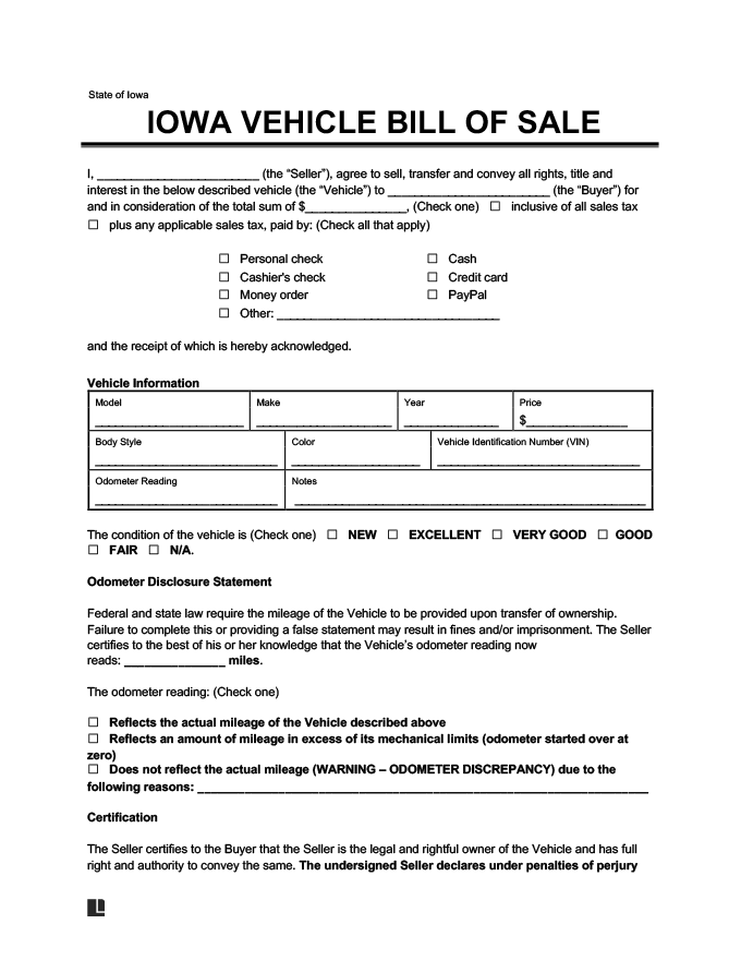 Iowa Vehicle Bill of Sale
