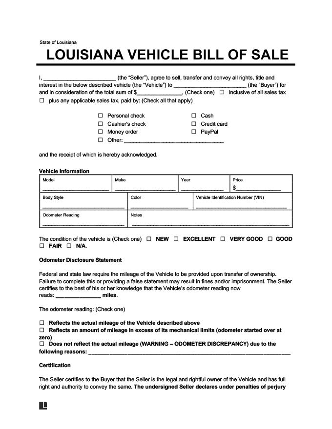 Louisiana Vehicle Bill of Sale