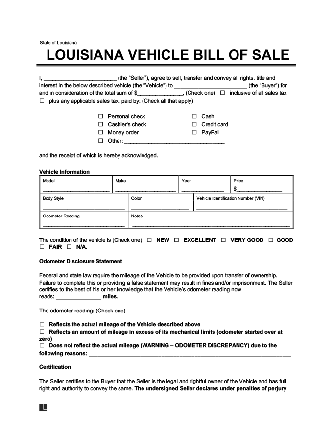 Free Louisiana Bill Of Sale Forms PDF Word Legal Templates