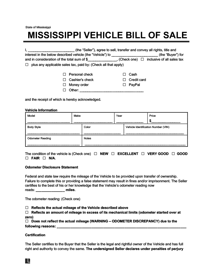 Free Mississippi Bill of Sale Form PDF & Word LegalTemplates
