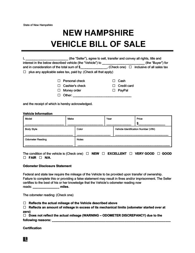 Nh Bill Of Sale Template