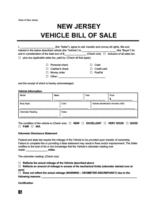 New Jersey Vehicle Bill of Sale