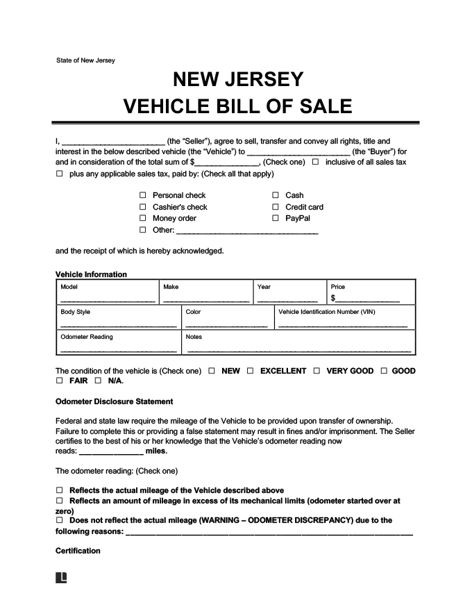 New Jersey Vehicle Bill of Sale