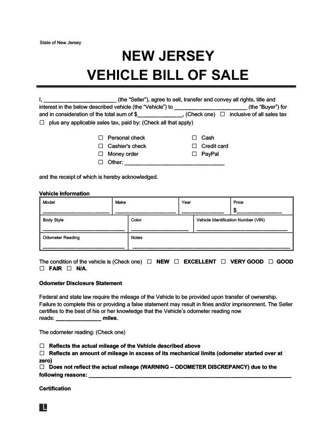 Free New Jersey Bill Of Sale Forms Pdf And Word 4538