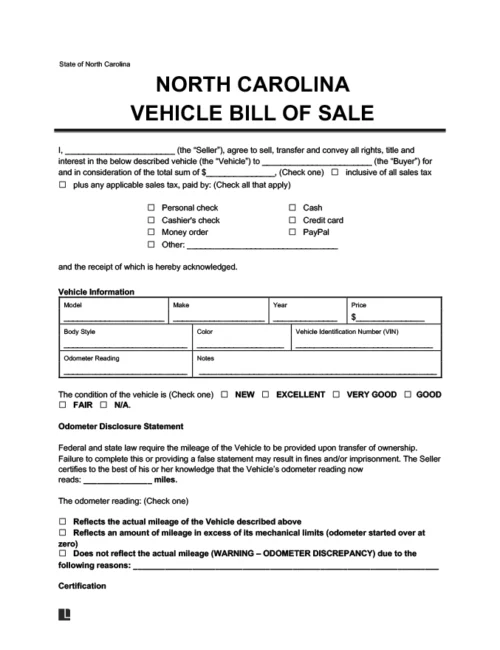 North Carolina Vehicle Bill of Sale